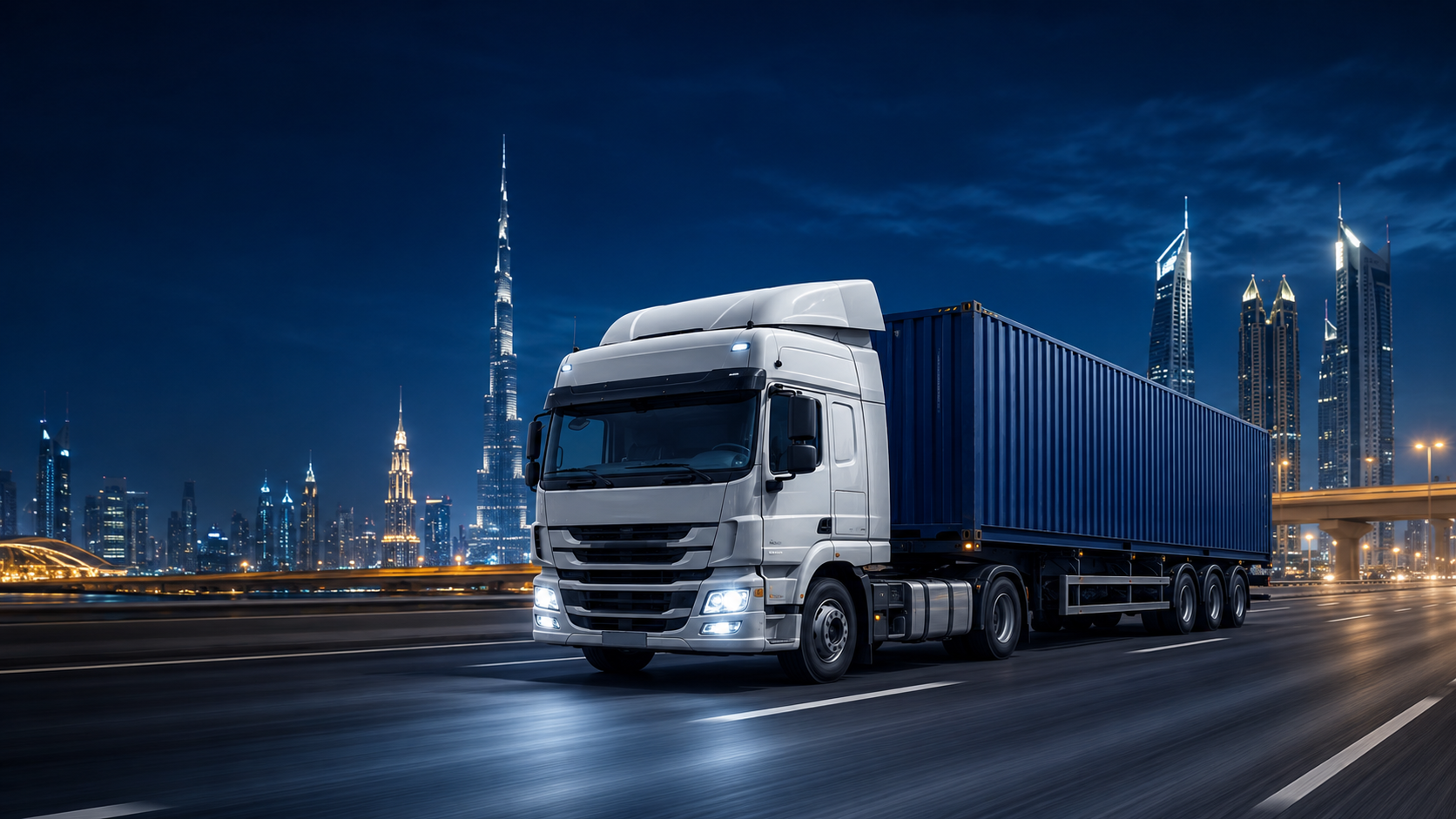 Container truck moving through Dubai at blue hour